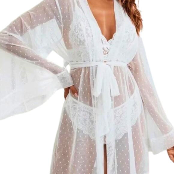 Large Lingerie set white 3 piece robe bra panties lace - Picture 1 of 4